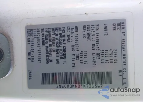 2015 Nissan Nv200 S z USA, uszkodzony, nr VIN 3N6CM0KN0FK731567